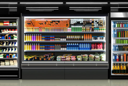 Open refrigerators in supermarket with brand less packagings and bottles of juice, coffee, energy drink, water, smoothy, salad, puree and different types of food. Mock-up, illustration.