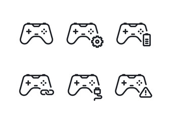 Minimalist black linear gamepad with action sign vector icons set. Settings, battery status, connection, connect the cable and warning sign gamepad action concept icon design.