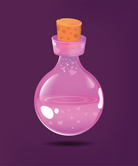 Round bottle with pink potion and closed with a cork. Pink shiny flask with hearts and healed liquid. Magic flask vector concept design.