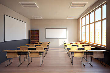Fototapeta na wymiar Empty classroom with whiteboard. Generative Ai