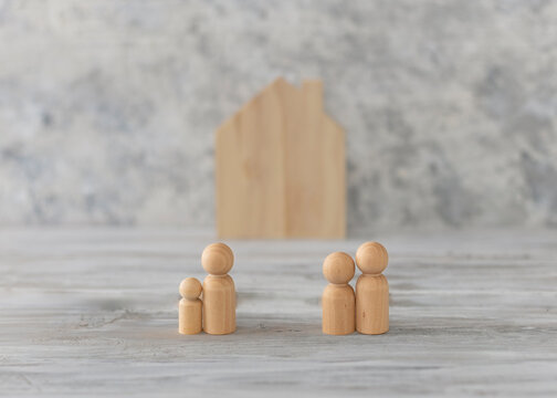 Divorce and custody concept. Divorce man have custody of children and his parents help him on white background. 