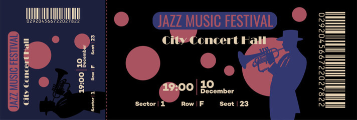 Jazz Music Festival concert ticket template with barcode. Jazz man playing on trumpet graphic vector design element.