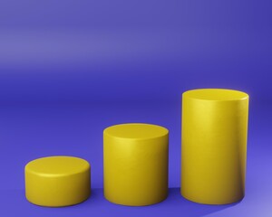 Display product showcase top view with empty space. Three Cylinder podiums in Blue and Yellow colors. Design for product presentation in trendy, modern style. 3d render.