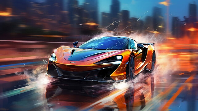 Digital art sports car speeding through a storm, splashing, water, rain, Fire, lightning sports, motorsports, dynamic, illustration