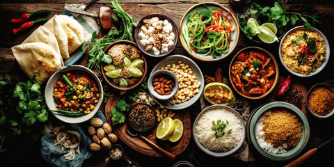 Various of asian food and meals on rustic background , top view 