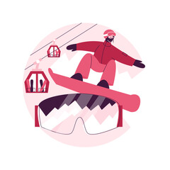 Boarding abstract concept vector illustration. Winter sport, outdoor activity, snowboard helmet and goggles, mountain holiday, extreme sports, alpine ski, freestyle rider, snow abstract metaphor.