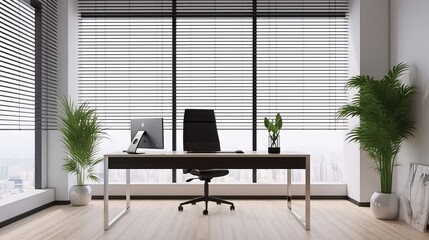 Fototapeta na wymiar Home office concept with eco style interior design, white minimalistic table, black chair and green plants in flower pots on wooden floor and huge window with city view behind the blinds