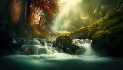 A river in the forest with the sun shining on it Green forest and forest stream at sunset