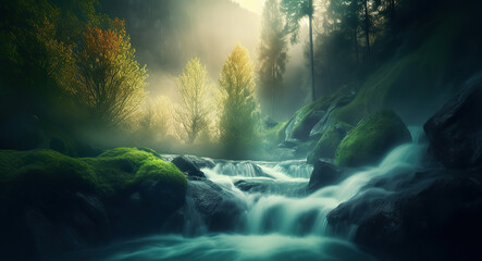 A river in the forest with the sun shining on it Green forest and forest stream at sunset