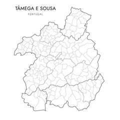 Vector Map of Tâmega e Sousa Subregion (Comunidade Intermunicipal) with administrative borders of Districts, Municipalities (Concelhos) and Civil Parishes (Freguesias) as of 2023 - Portugal