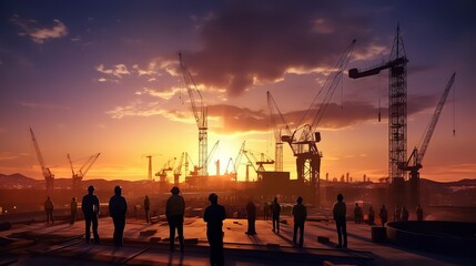 Fototapeta premium Silhouettes of Engineers and workers inspecting a project on a building site background, construction site at sunset, Generative AI