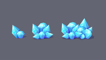 Vector set of blue diamonds isolated on a gray background. Game asset currency. Heaps of diamonds. Icons for mobile games
