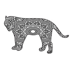 hand drawn illustration of an tiger.Vector animal mandala coloring page for adult