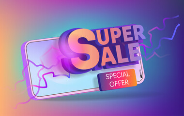 A banner for a sale with the inscription super sale on the mobile phone screen