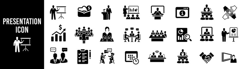 Business presentation icon set. Meeting, conference and business plan vector illustration.