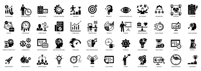 Productivity vector icons. Charts, communication, chat, speedometer
