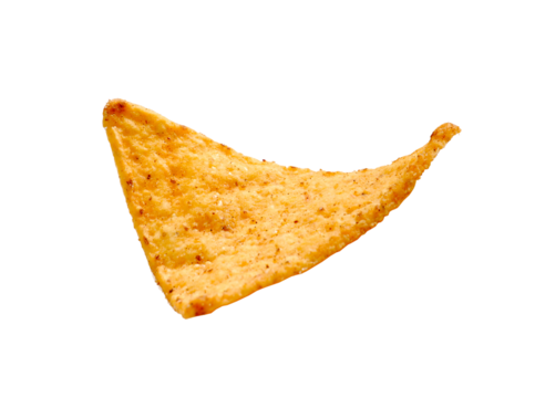 Nacho tortilla chip isolated on transparent layered background.