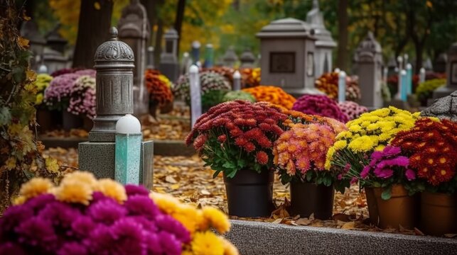 Old tombstones decorated with colorful seasonal chrysanthemum flowers in cemetery during religious christian traditional autumnal event
