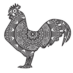 illustration of a rooster with a background.Vector animal mandala coloring page for adult