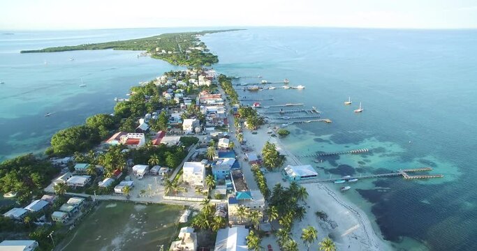 Caye Caulker Island in Caribbean Sea. Belize. Drone Point of View.