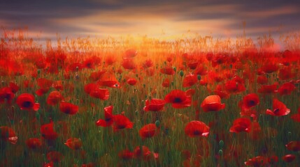 Fototapeta na wymiar Poppy field. Remembrance day concept. Neural network generated art. Digitally generated image. Not based on any actual scene or pattern