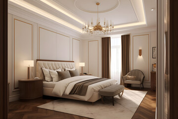 Classic style bedroom interior with modern bed in luxury house. Generative AI