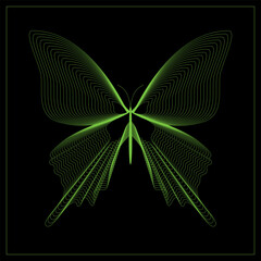 Abstract neon butterfly consisting of wireframe lines. Glowing structure. Retro futuristic design element. Psychedelic vector illustration Isolated