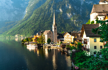View of Hallstatt Village peaceful scene in the morning at sunrise. One of popular City in Austria