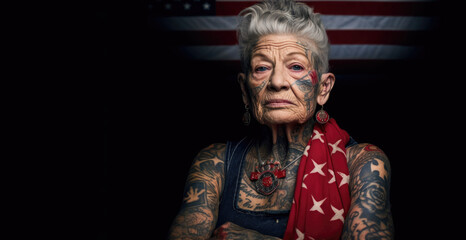 heartcore old tattooed lady singing in American flag on 4th of july independence day celebration concept.generative ai. - obrazy, fototapety, plakaty