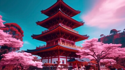  traditional japanese pagoda with blossoming cherry trees. Generative AI