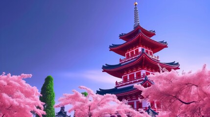  traditional japanese pagoda with blossoming cherry trees. Generative AI
