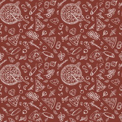 Hand illustrated seamless pattern with pepperoni pizza slice, round on a tray, tomatoes, salami, basil and garlic.Handwritten words 