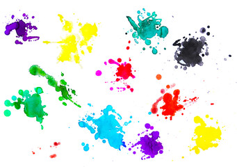 Multicolored watercolor blots with splatters, colorful pattern of spots with splashes and drops of paint on white background. Hand-draw abstract drip stains as a grunge texture for design. 
