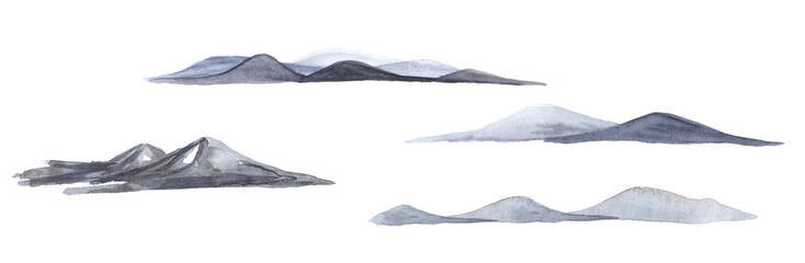 Set of loose watercolor hills in blue grey colors.Scape with hills isolated on white background.Aquarelle element,environment concept.