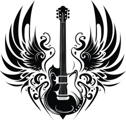  guitar with wings vector tattoo design, inscription rock and roll in the style of a graphic isolated on white background - obrazy, fototapety, plakaty
