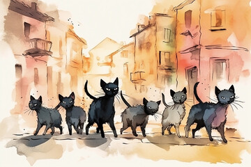 Group of skinny cats playing on street.