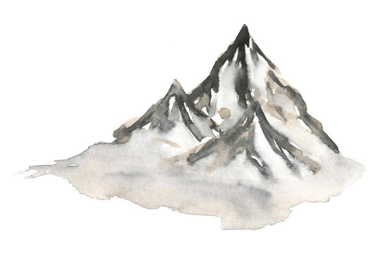 Loose watercolor moutains in yellow grey colors.Scape with hills and mountains isolated on white background.Aquarelle element,environment concept.