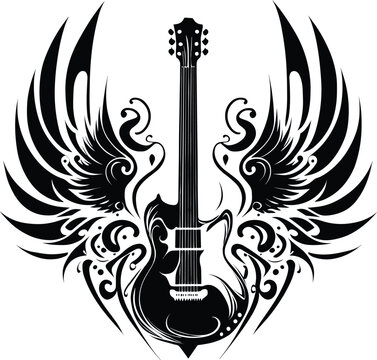  guitar with wings vector tattoo design, inscription rock and roll in the style of a graphic isolated on white background