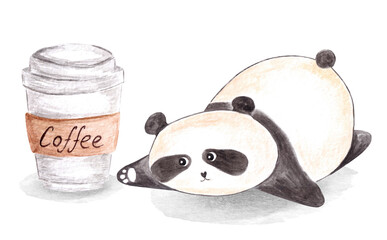 Hand drawn painted cute sleepy morning panda bear lying and trying to reach out coffee in paper cup.Aquarelle clipart elements for cards.