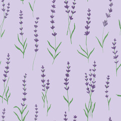 Hand drawn seamless pattern with shining glowing line art provance vertical purple lavender flowers.Floral spring summer botanical backdrop on violet background.