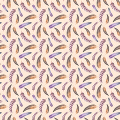 Natural pattern made of watercolor hand drawn quills and feathers in boho style on pink beige background.