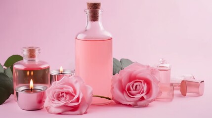 Fototapeta na wymiar Spa set. Bottles of essential oil, roses and scented candles on pink background