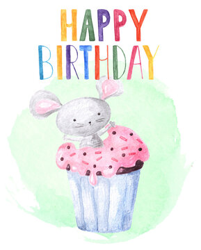 Hand drawn cartoon funny animal grey mouse in party hat inside of chocolate cupcake with decoration. Design aquarelle element.B-day party card on green textured spot background.