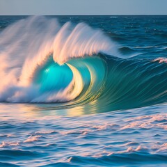 A Blurred motion of blue ocean wave crashing in golden light