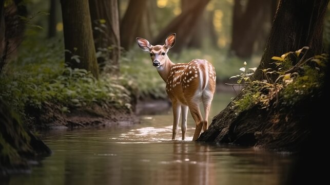 Spotted deer in the forest. Wild fawn standing in the water