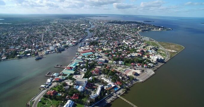 Belize City and Downtown. Caribbean Country. Drone Point of View. Beautiful Skyline.
