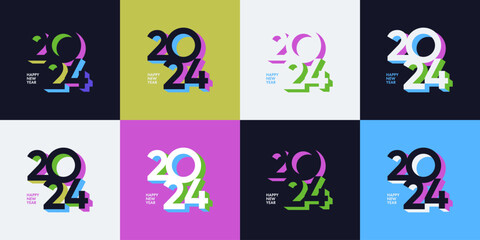 Creative concept of 2024 Happy New Year posters set. Design templates with typography logo 2024 for celebration and season decoration. Minimalistic trendy backgrounds for branding, banner, cover, card