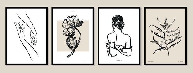 Abstract boho style botanical and female silhouettes vector art print posters for your wall art gallery