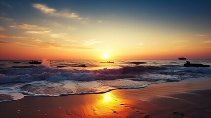 Fototapeta na wymiar Sunrise Over The Horizon Sea Ships Sandy Beach Waves