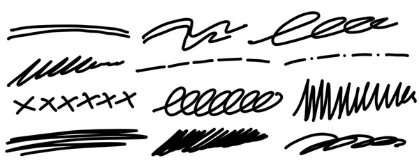 Lines. Hand drawn marker line stroke underline set. Highlight underline and strike through. Pen line template. Vector illustration isolated on white background.